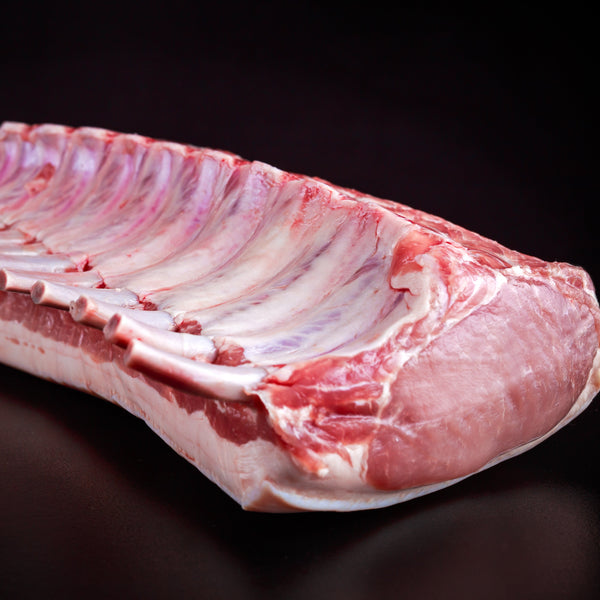 Pasture raised Free range pork loin roast with crackling (bone in, frozen)