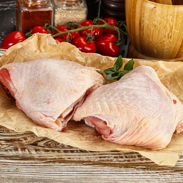 Free Range Chicken Thigh on the bone (quick frozen, un-aged, bone-in, skin on)
