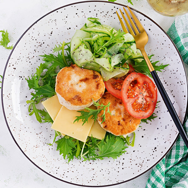 Free Range Chicken Burgers with tarragon, garlic & ginger (quick frozen, un-aged, grain free, no rusk, 97% Chicken)