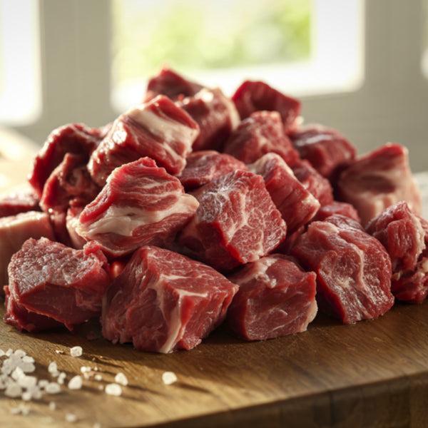 Grass Fed Beef chuck steak diced casserole cubes (quick frozen, un-aged)
