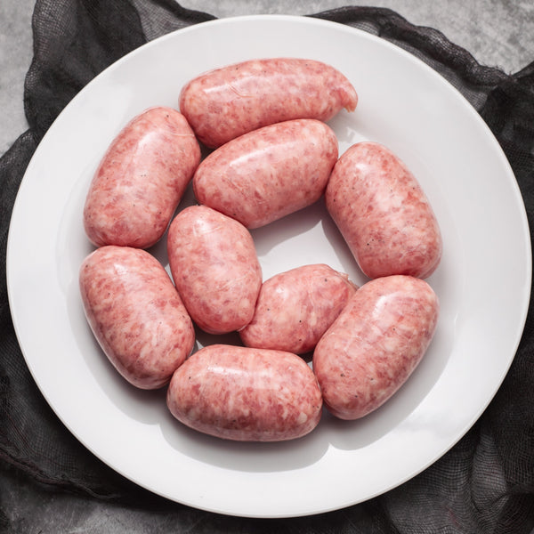 Pasture-raised free range pork, onion and herb cocktail sausages (gluten free, additive free, frozen)
