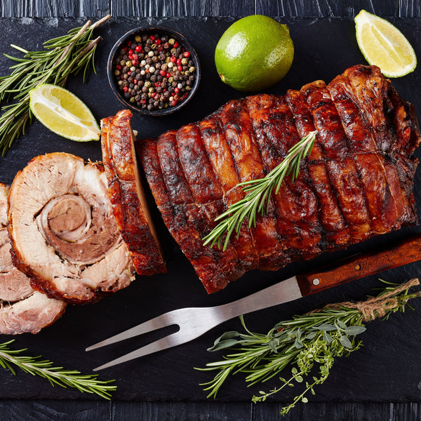 Free range Tamworth porchetta with crackling (rolled free range Tamworth Pork loin & belly with garlic, oregano, rosemary, thyme, sage, fennel and lemon (frozen)