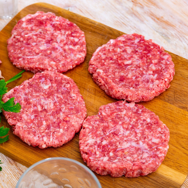 Just Pork Un-aged free range pork burgers, (100% pork, grain free, additive free, salt-free, quick frozen)