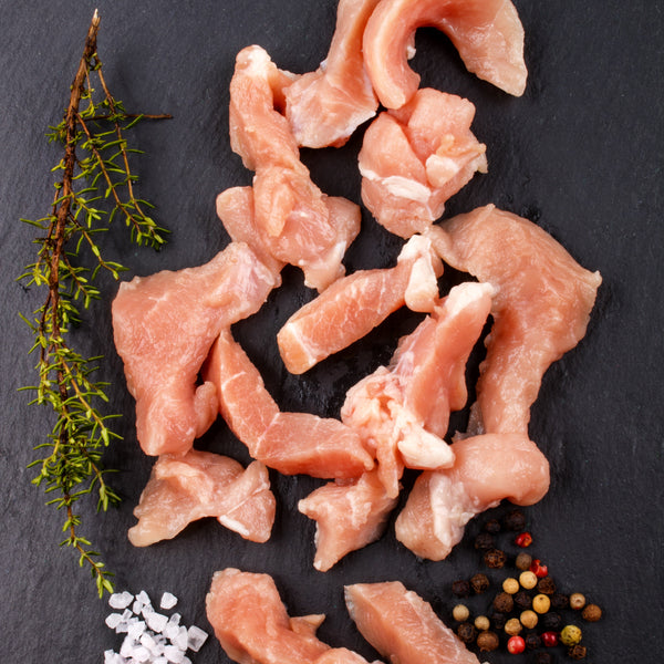 Quick frozen un-aged free range pork stir-fry with tarragon, garlic, ginger and pink pepper