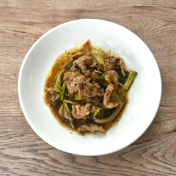 Pasture raised free range Pork stir-fry with tarragon, garlic, ginger and pink peppercorns (quick frozen, un-aged)