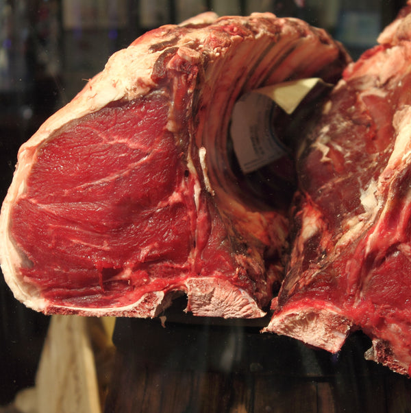Grass fed, rare breed beef t bone roast on bone