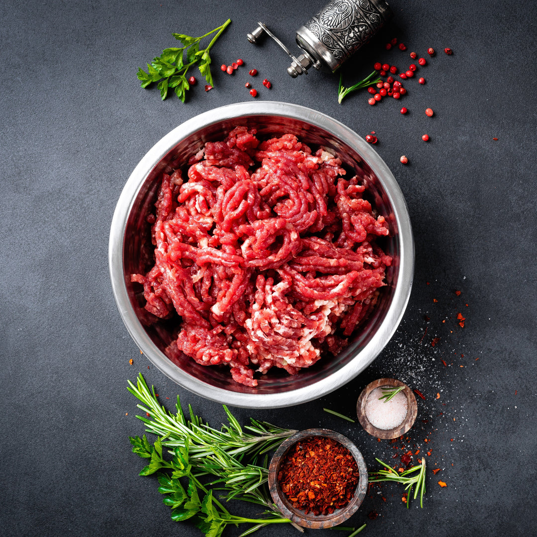 Unaged, Quick Frozen mixed grind of Minced Grass Fed Beef, Minced Free