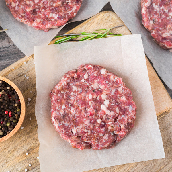 Pasture raised Wild Boar, juniper, thyme & garlic burger (quick frozen, unaged additive free, gluten free)
